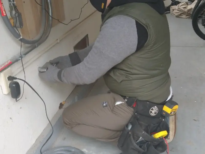 Electrician performing outlet wiring in a Fairview Heights garage